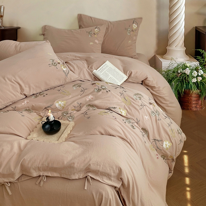 91家纺网 家纺一手货源 找家纺 yyds网供 2026新款复古刺绣绑带款水洗棉四件套三件套仿全棉纯棉汉麻被套A类高克重-蝶舞系列 绑带款蝶舞-素咖