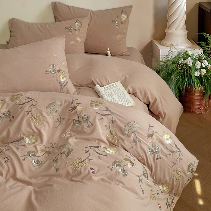 91家纺网 家纺一手货源 找家纺 yyds网供 2026新款复古刺绣绑带款水洗棉四件套三件套仿全棉纯棉汉麻被套A类高克重-蝶舞系列 绑带款蝶舞-素咖