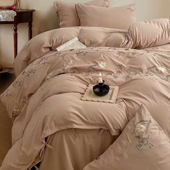 91家纺网 家纺一手货源 找家纺 yyds网供 2026新款复古刺绣绑带款水洗棉四件套三件套仿全棉纯棉汉麻被套A类高克重-蝶舞系列 绑带款蝶舞-素咖