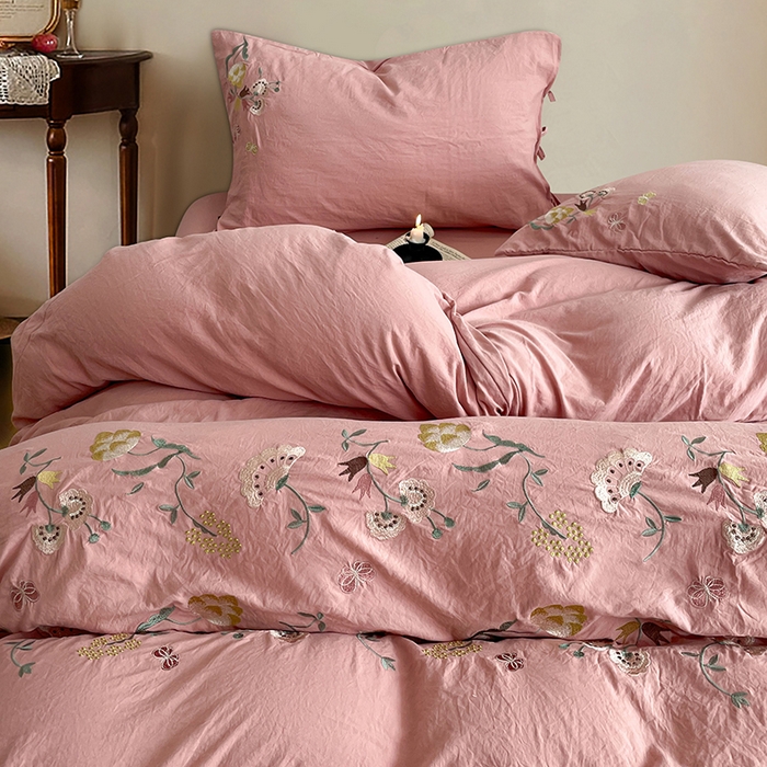 91家纺网 家纺一手货源 找家纺 yyds网供 2026新款复古刺绣绑带款水洗棉四件套三件套仿全棉纯棉汉麻被套A类高克重-蝶舞系列 绑带款蝶舞-萱粉