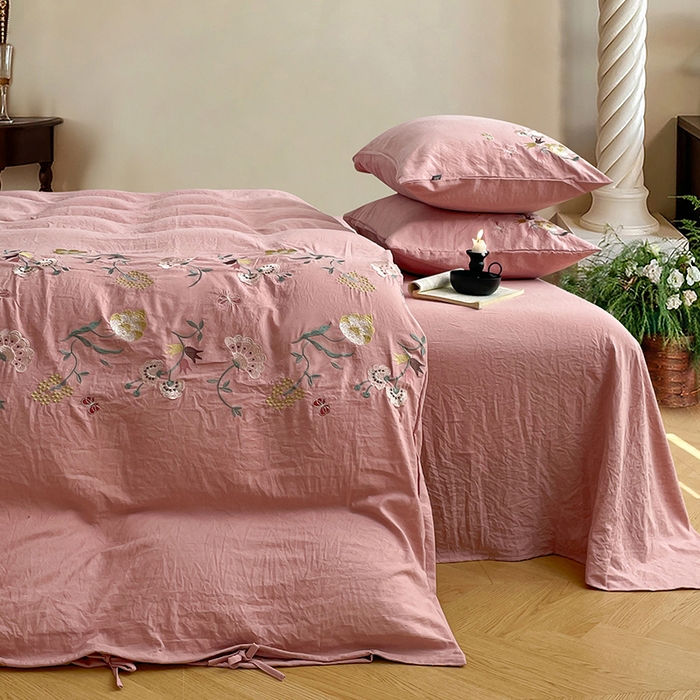 91家纺网 家纺一手货源 找家纺 yyds网供 2026新款复古刺绣绑带款水洗棉四件套三件套仿全棉纯棉汉麻被套A类高克重-蝶舞系列 绑带款蝶舞-萱粉