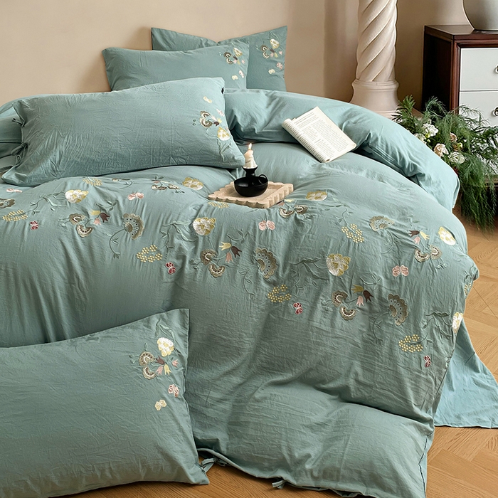 yyds网供 2026新款复古刺绣绑带款水洗棉四件套三件套仿全棉纯棉汉麻被套A类高克重-蝶舞系列 绑带款蝶舞-韵绿