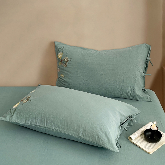 91家纺网 家纺一手货源 找家纺 yyds网供 2026新款复古刺绣绑带款水洗棉四件套三件套仿全棉纯棉汉麻被套A类高克重-蝶舞系列 绑带款蝶舞-韵绿