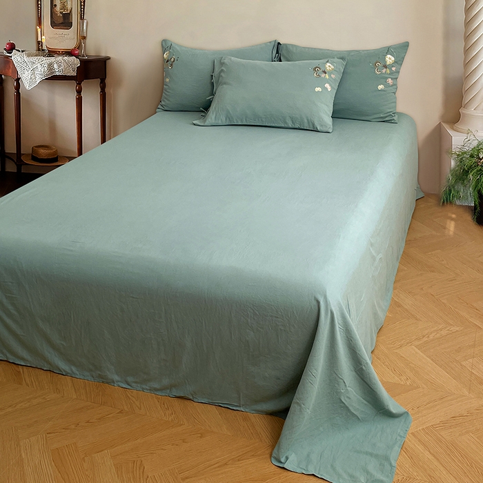 91家纺网 家纺一手货源 找家纺 yyds网供 2026新款复古刺绣绑带款水洗棉四件套三件套仿全棉纯棉汉麻被套A类高克重-蝶舞系列 绑带款蝶舞-韵绿