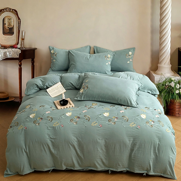 91家纺网 家纺一手货源 找家纺 yyds网供 2026新款复古刺绣绑带款水洗棉四件套三件套仿全棉纯棉汉麻被套A类高克重-蝶舞系列 绑带款蝶舞-韵绿