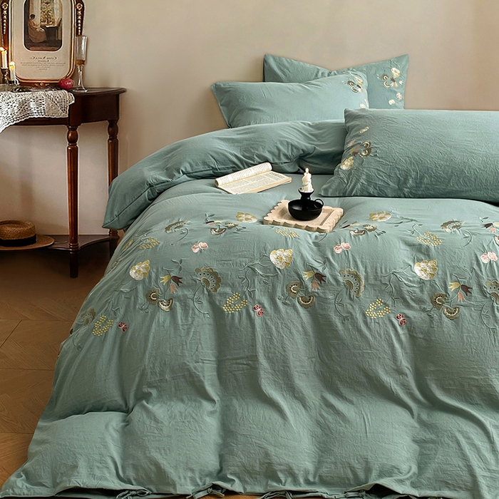91家纺网 家纺一手货源 找家纺 yyds网供 2026新款复古刺绣绑带款水洗棉四件套三件套仿全棉纯棉汉麻被套A类高克重-蝶舞系列 绑带款蝶舞-韵绿