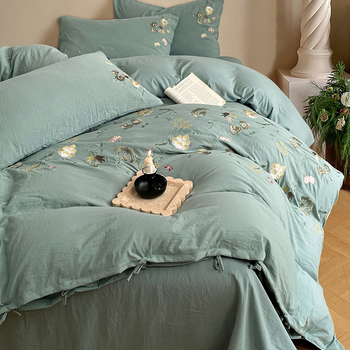 91家纺网 家纺一手货源 找家纺 yyds网供 2026新款复古刺绣绑带款水洗棉四件套三件套仿全棉纯棉汉麻被套A类高克重-蝶舞系列 绑带款蝶舞-韵绿