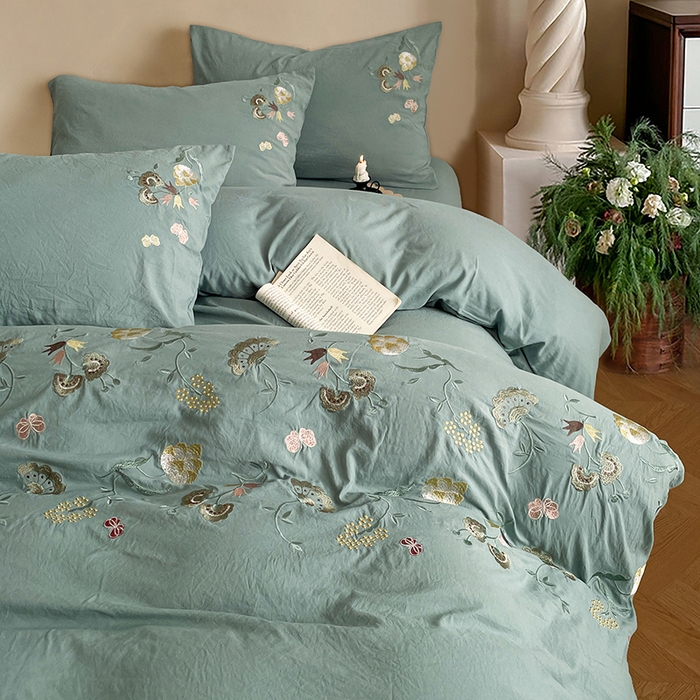 91家纺网 家纺一手货源 找家纺 yyds网供 2026新款复古刺绣绑带款水洗棉四件套三件套仿全棉纯棉汉麻被套A类高克重-蝶舞系列 绑带款蝶舞-韵绿