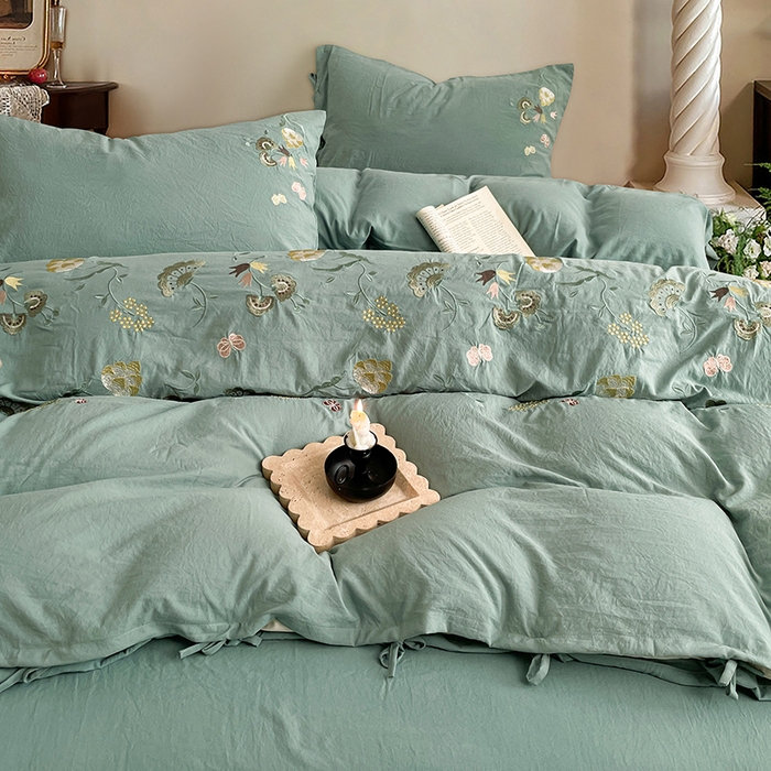 91家纺网 家纺一手货源 找家纺 yyds网供 2026新款复古刺绣绑带款水洗棉四件套三件套仿全棉纯棉汉麻被套A类高克重-蝶舞系列 绑带款蝶舞-韵绿