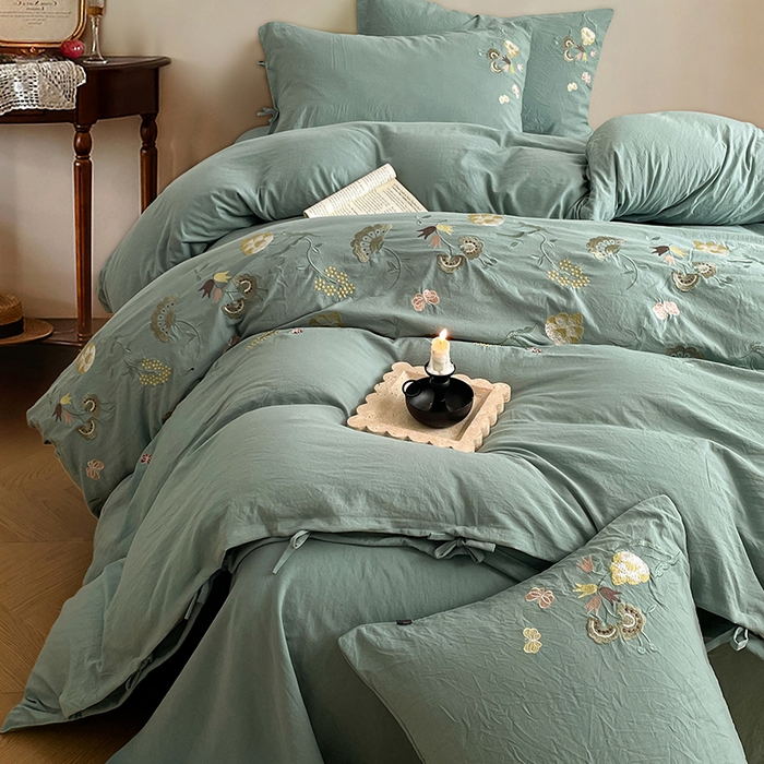 91家纺网 家纺一手货源 找家纺 yyds网供 2026新款复古刺绣绑带款水洗棉四件套三件套仿全棉纯棉汉麻被套A类高克重-蝶舞系列 绑带款蝶舞-韵绿