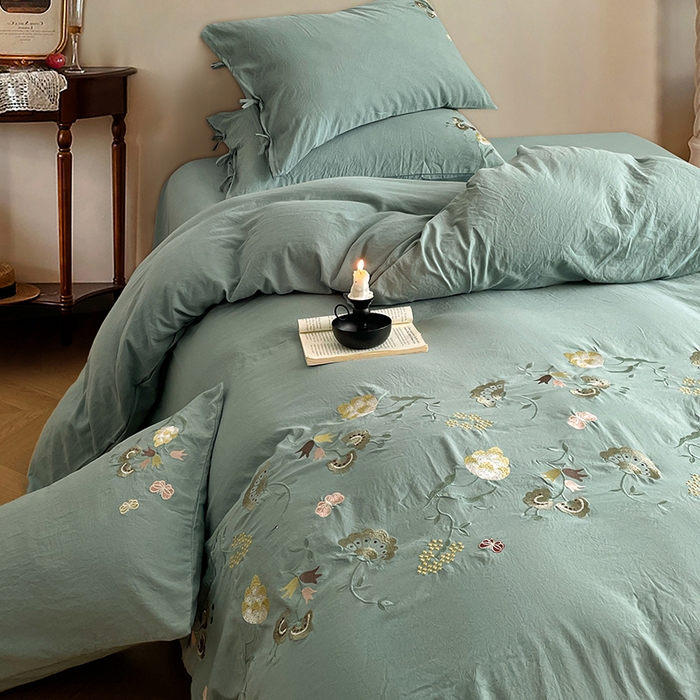 91家纺网 家纺一手货源 找家纺 yyds网供 2026新款复古刺绣绑带款水洗棉四件套三件套仿全棉纯棉汉麻被套A类高克重-蝶舞系列 绑带款蝶舞-韵绿