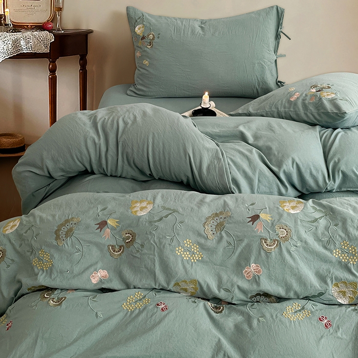 91家纺网 家纺一手货源 找家纺 yyds网供 2026新款复古刺绣绑带款水洗棉四件套三件套仿全棉纯棉汉麻被套A类高克重-蝶舞系列 绑带款蝶舞-韵绿