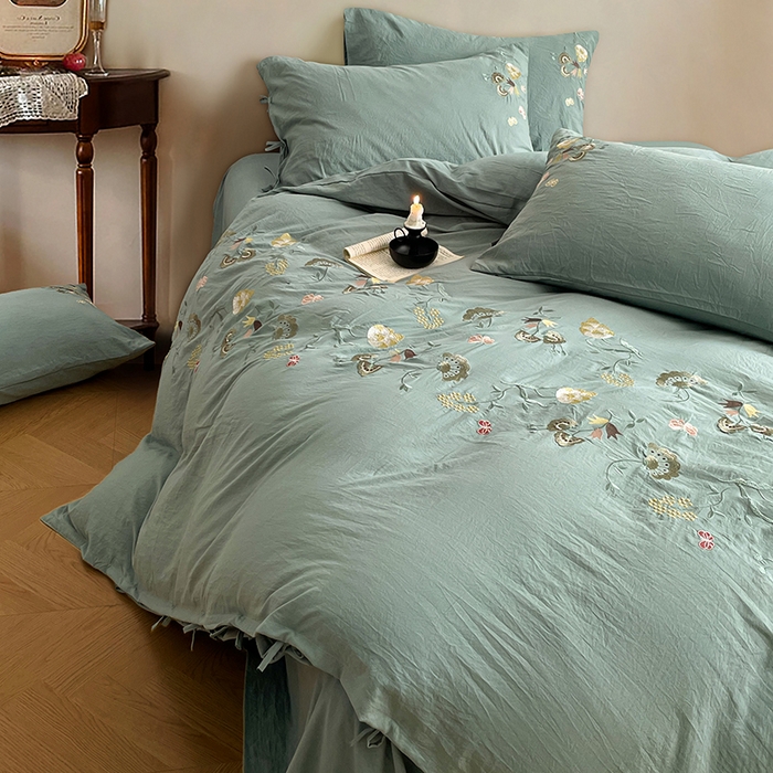 91家纺网 家纺一手货源 找家纺 yyds网供 2026新款复古刺绣绑带款水洗棉四件套三件套仿全棉纯棉汉麻被套A类高克重-蝶舞系列 绑带款蝶舞-韵绿