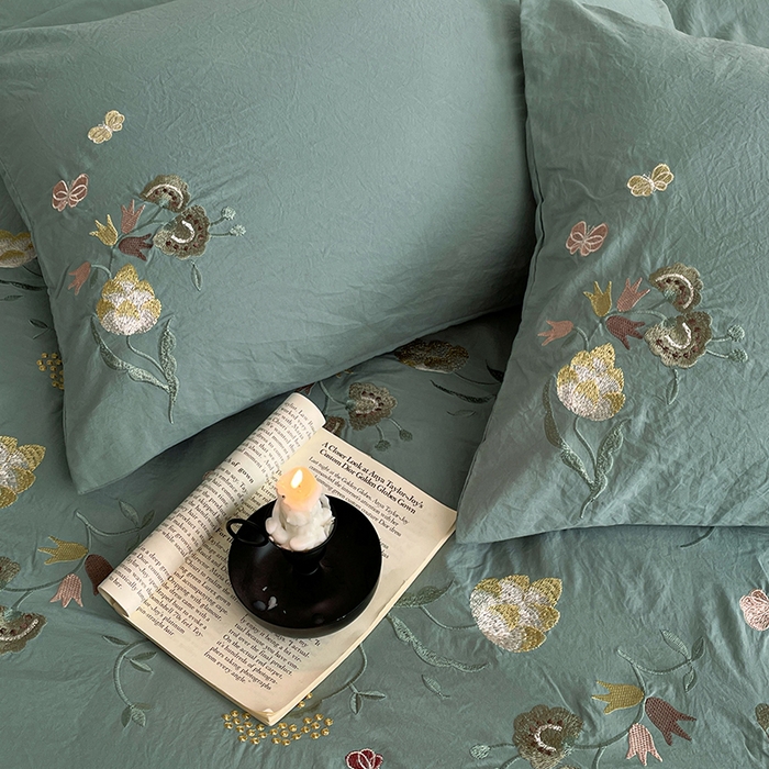 91家纺网 家纺一手货源 找家纺 yyds网供 2026新款复古刺绣绑带款水洗棉四件套三件套仿全棉纯棉汉麻被套A类高克重-蝶舞系列 绑带款蝶舞-韵绿