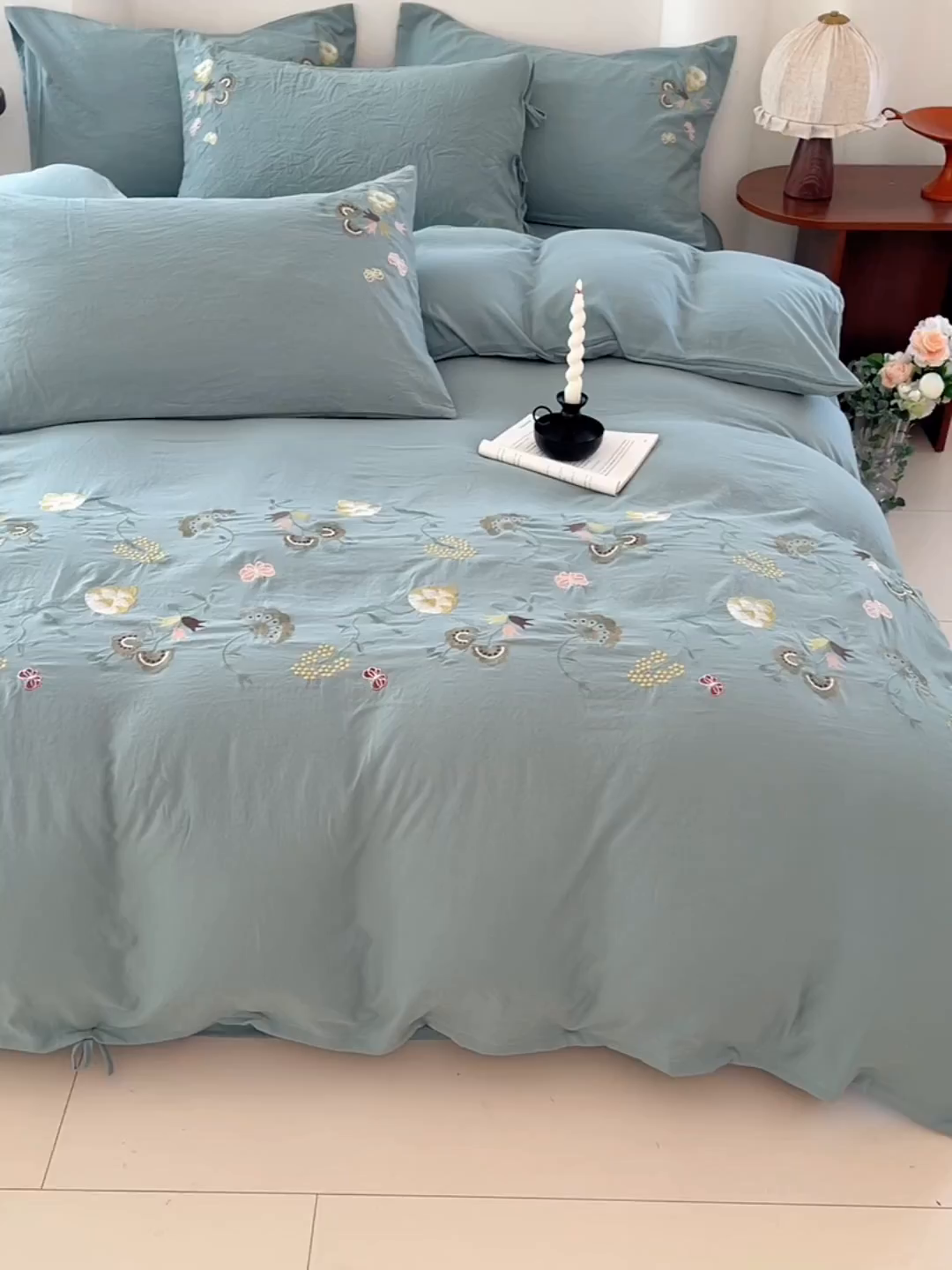 91家纺网 家纺一手货源 找家纺 yyds网供 2026新款复古刺绣绑带款水洗棉四件套三件套仿全棉纯棉汉麻被套A类高克重-蝶舞系列 绑带款蝶舞-韵绿