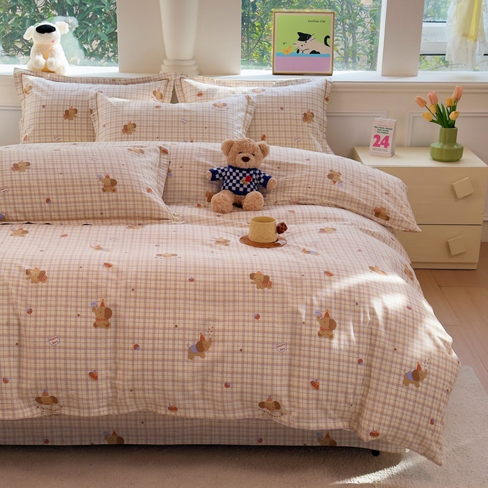 91家纺网 家纺一手货源 找家纺 铭博家纺 新款直播爆款网红全棉四件套13070印花吊边一字绣纯棉被套工艺款 吉象条格-咖