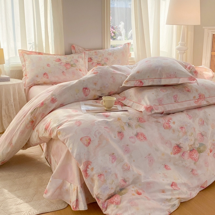 91家纺网 家纺一手货源 找家纺 凌鼎 2026新款全棉数码印花四件套 草莓花语-粉