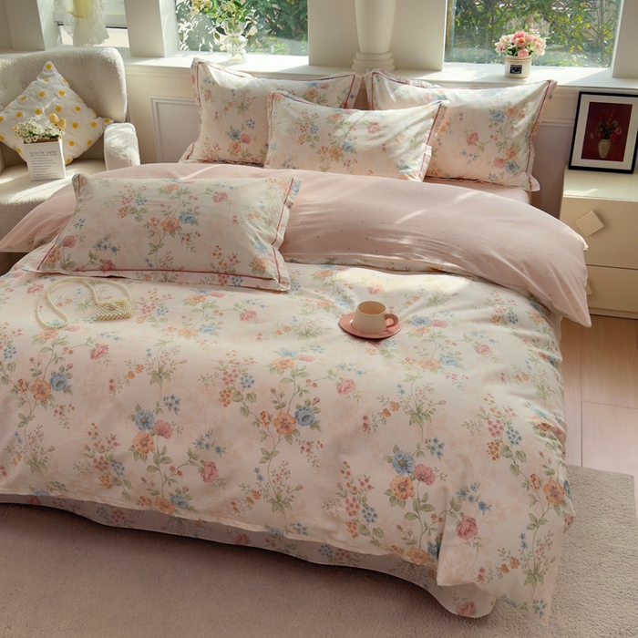 91家纺网 家纺一手货源 找家纺 铭博家纺 新款直播爆款网红全棉四件套13070印花吊边一字绣纯棉被套工艺款 旷野风眠