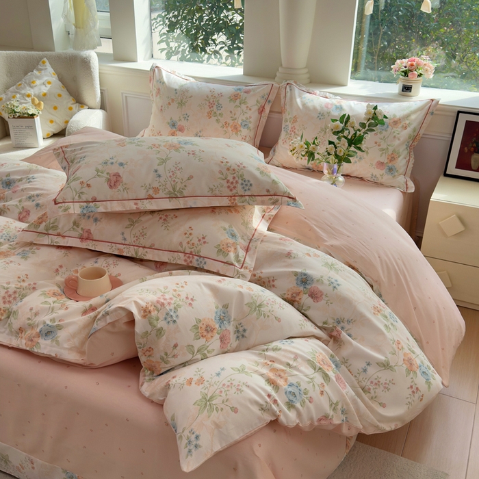 91家纺网 家纺一手货源 找家纺 铭博家纺 新款直播爆款网红全棉四件套13070印花吊边一字绣纯棉被套工艺款 旷野风眠