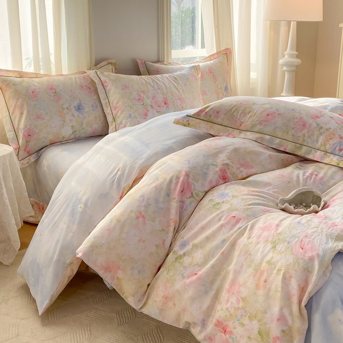 91家纺网 家纺一手货源 找家纺 凌鼎 2026新款全棉数码印花四件套 花信予粉