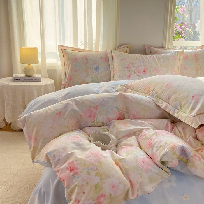 91家纺网 家纺一手货源 找家纺 凌鼎 2026新款全棉数码印花四件套 花信予粉