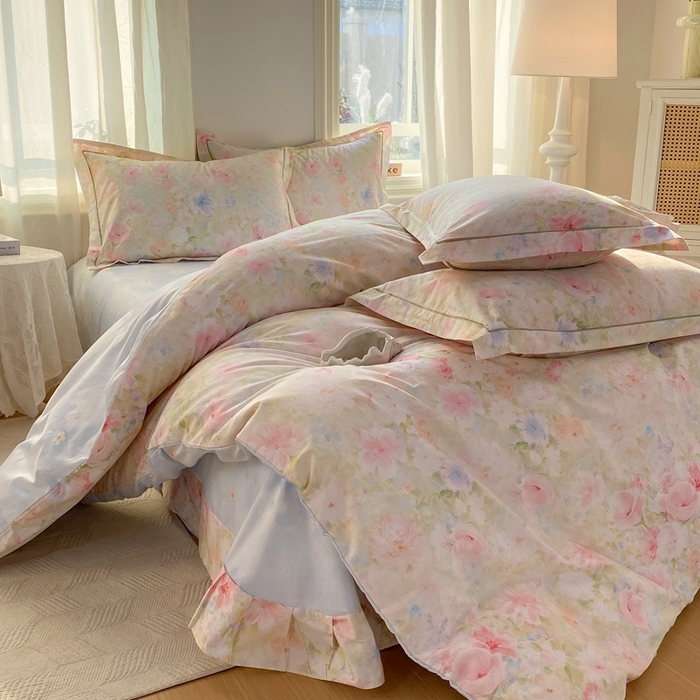 91家纺网 家纺一手货源 找家纺 凌鼎 2026新款全棉数码印花四件套 花信予粉