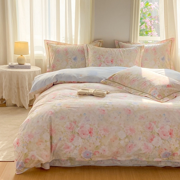 91家纺网 家纺一手货源 找家纺 凌鼎 2026新款全棉数码印花四件套 花信予粉