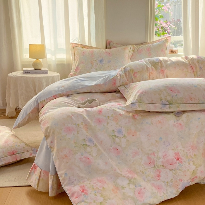 91家纺网 家纺一手货源 找家纺 凌鼎 2026新款全棉数码印花四件套 花信予粉