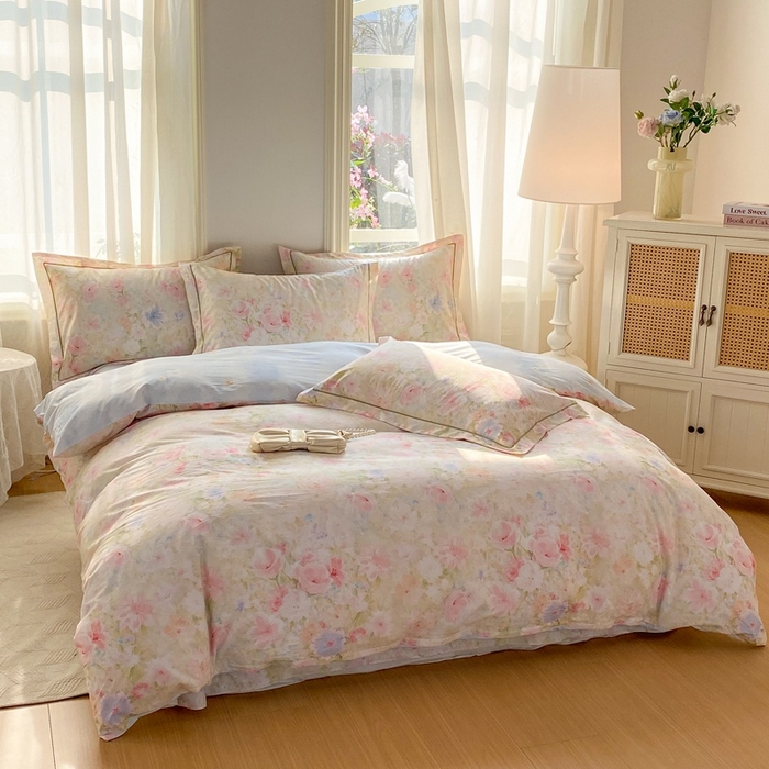 91家纺网 家纺一手货源 找家纺 凌鼎 2026新款全棉数码印花四件套 花信予粉