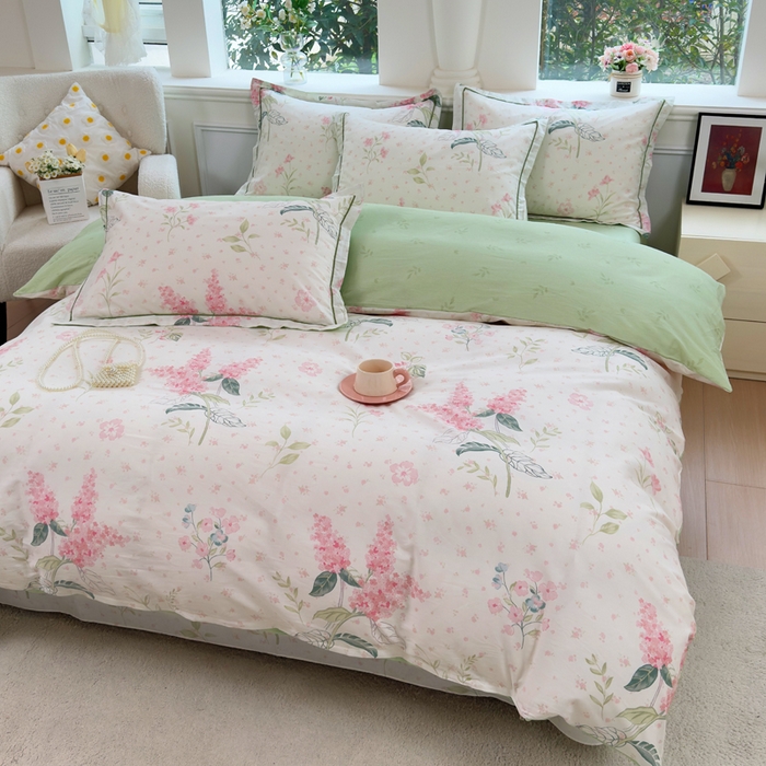 91家纺网 家纺一手货源 找家纺 铭博家纺 新款直播爆款网红全棉四件套13070印花吊边一字绣纯棉被套工艺款 浪漫花香