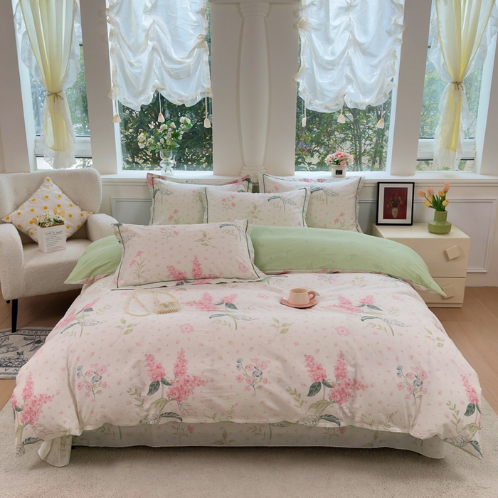 91家纺网 家纺一手货源 找家纺 铭博家纺 新款直播爆款网红全棉四件套13070印花吊边一字绣纯棉被套工艺款 浪漫花香