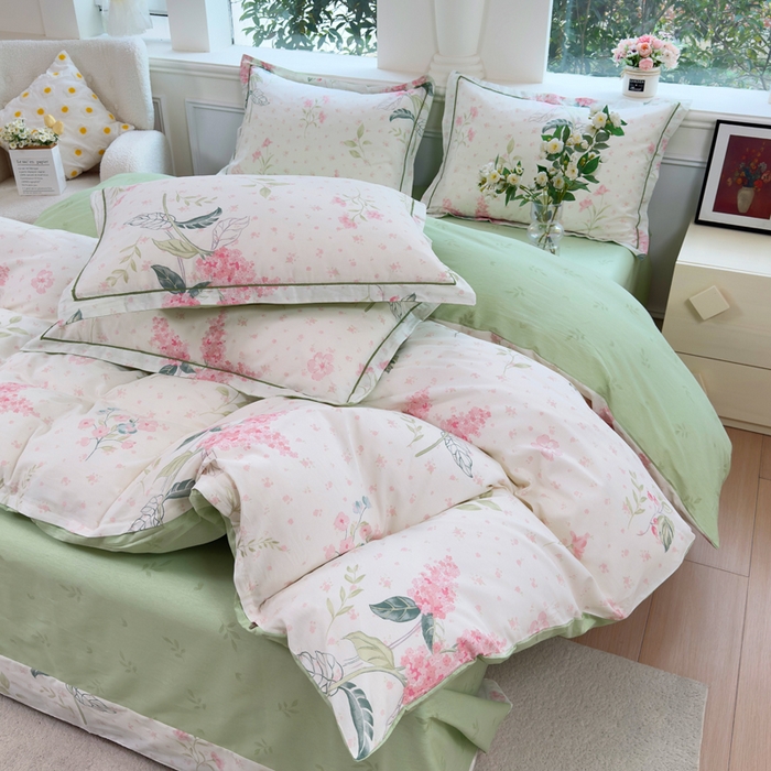 91家纺网 家纺一手货源 找家纺 铭博家纺 新款直播爆款网红全棉四件套13070印花吊边一字绣纯棉被套工艺款 浪漫花香