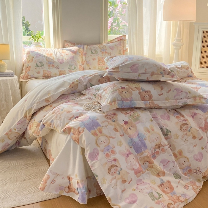 91家纺网 家纺一手货源 找家纺 凌鼎 2026新款全棉数码印花四件套 花漾萌宝-米