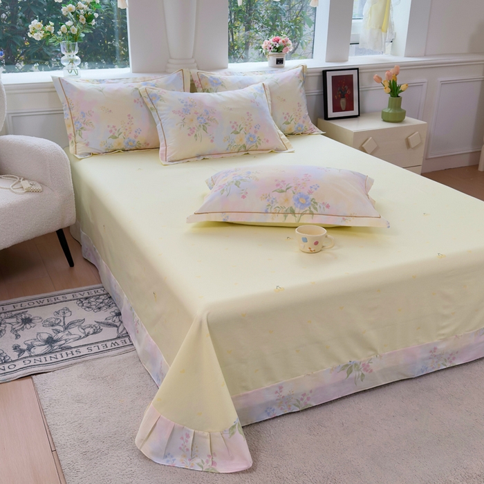 91家纺网 家纺一手货源 找家纺 铭博家纺 新款直播爆款网红全棉四件套13070印花吊边一字绣纯棉被套工艺款 琪花瑶草