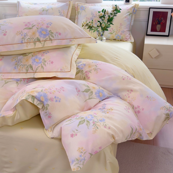 91家纺网 家纺一手货源 找家纺 铭博家纺 新款直播爆款网红全棉四件套13070印花吊边一字绣纯棉被套工艺款 琪花瑶草