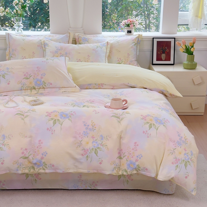 91家纺网 家纺一手货源 找家纺 铭博家纺 新款直播爆款网红全棉四件套13070印花吊边一字绣纯棉被套工艺款 琪花瑶草