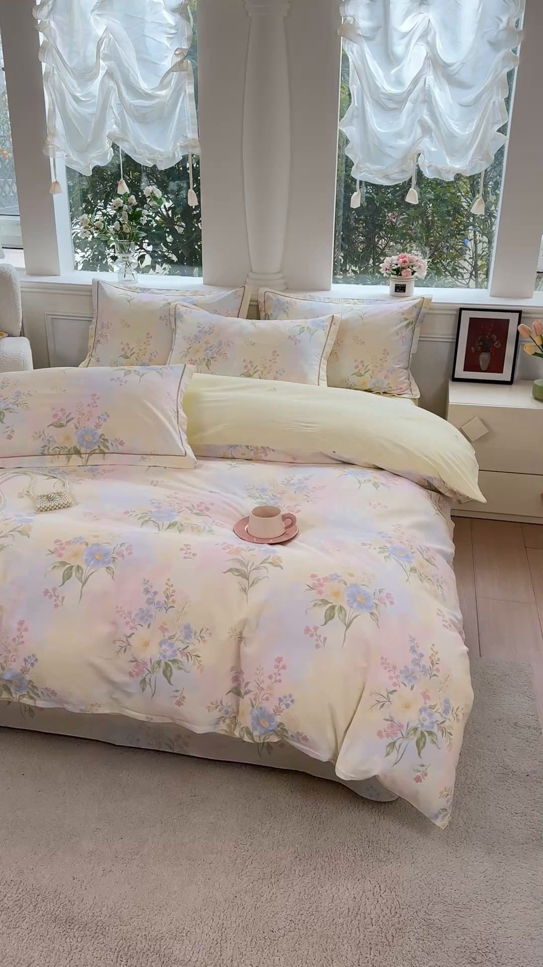 91家纺网 家纺一手货源 找家纺 铭博家纺 新款直播爆款网红全棉四件套13070印花吊边一字绣纯棉被套工艺款 琪花瑶草