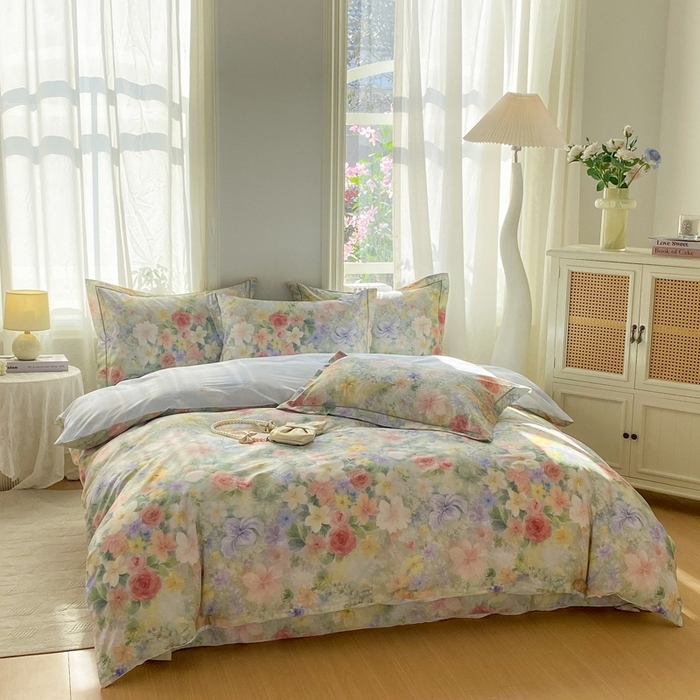 91家纺网 家纺一手货源 找家纺 凌鼎 2026新款全棉数码印花四件套 浓情绽放绿