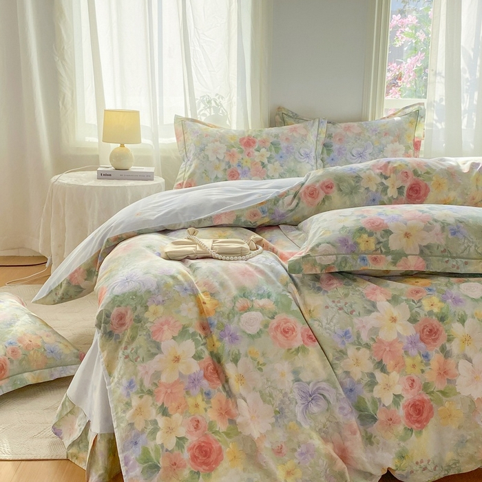 91家纺网 家纺一手货源 找家纺 凌鼎 2026新款全棉数码印花四件套 浓情绽放绿