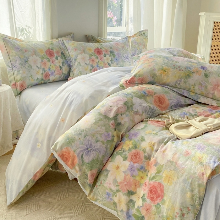 91家纺网 家纺一手货源 找家纺 凌鼎 2026新款全棉数码印花四件套 浓情绽放绿