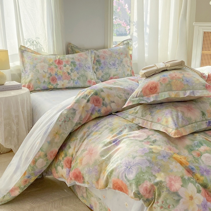 91家纺网 家纺一手货源 找家纺 凌鼎 2026新款全棉数码印花四件套 浓情绽放绿