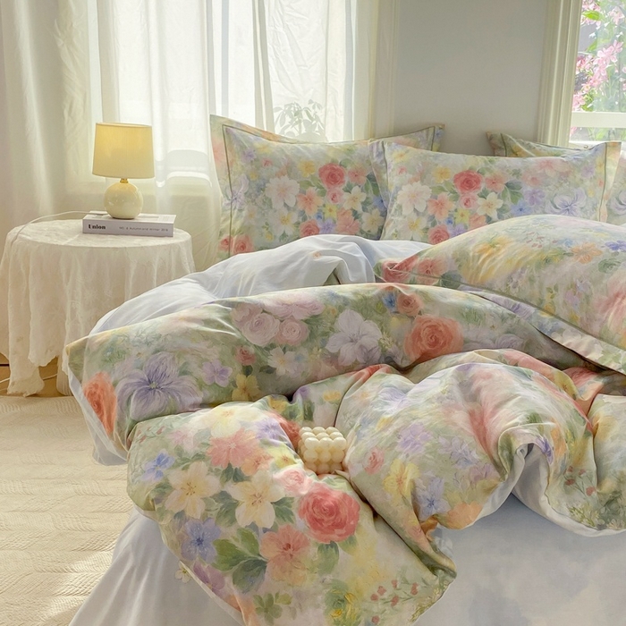 91家纺网 家纺一手货源 找家纺 凌鼎 2026新款全棉数码印花四件套 浓情绽放绿