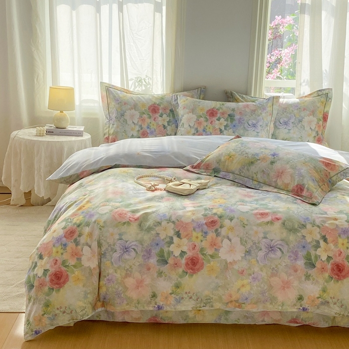 91家纺网 家纺一手货源 找家纺 凌鼎 2026新款全棉数码印花四件套 浓情绽放绿