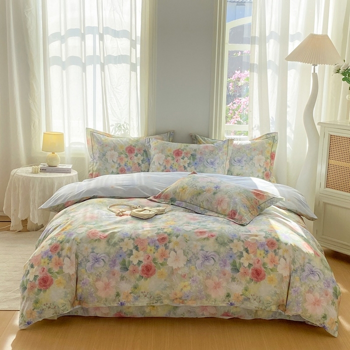 91家纺网 家纺一手货源 找家纺 凌鼎 2026新款全棉数码印花四件套 浓情绽放绿