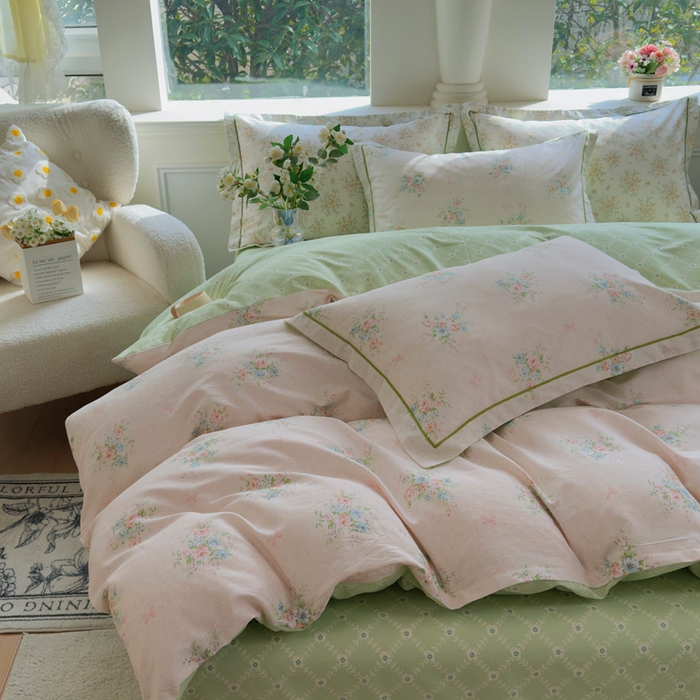 91家纺网 家纺一手货源 找家纺 铭博家纺 新款直播爆款网红全棉四件套13070印花吊边一字绣纯棉被套工艺款 浅花眠