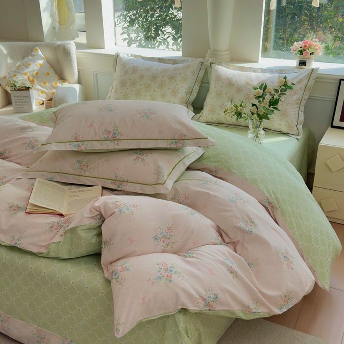 91家纺网 家纺一手货源 找家纺 铭博家纺 新款直播爆款网红全棉四件套13070印花吊边一字绣纯棉被套工艺款 浅花眠