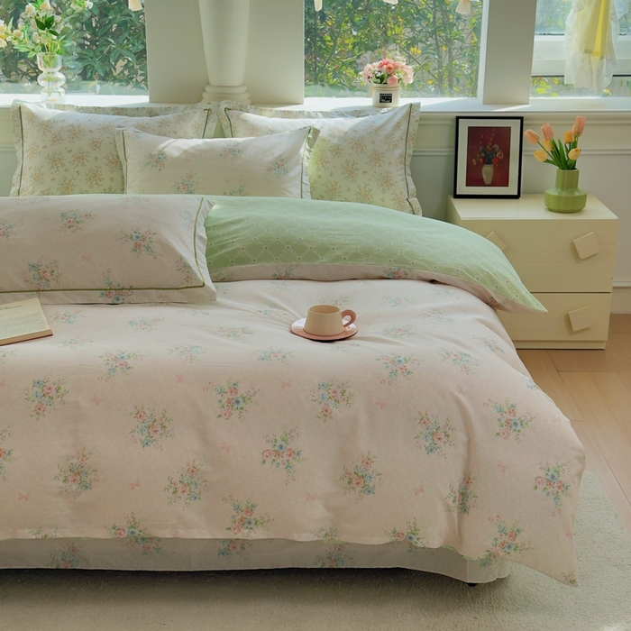 91家纺网 家纺一手货源 找家纺 铭博家纺 新款直播爆款网红全棉四件套13070印花吊边一字绣纯棉被套工艺款 浅花眠