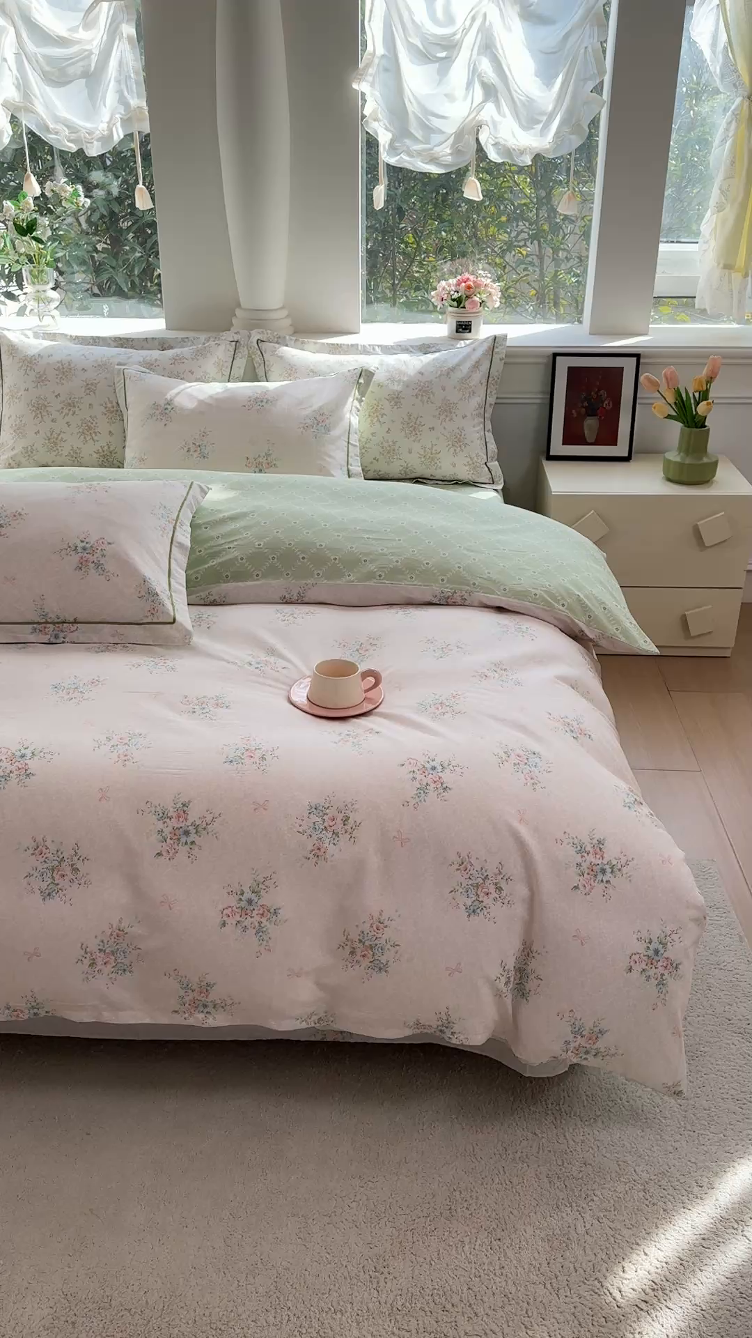 91家纺网 家纺一手货源 找家纺 铭博家纺 新款直播爆款网红全棉四件套13070印花吊边一字绣纯棉被套工艺款 浅花眠