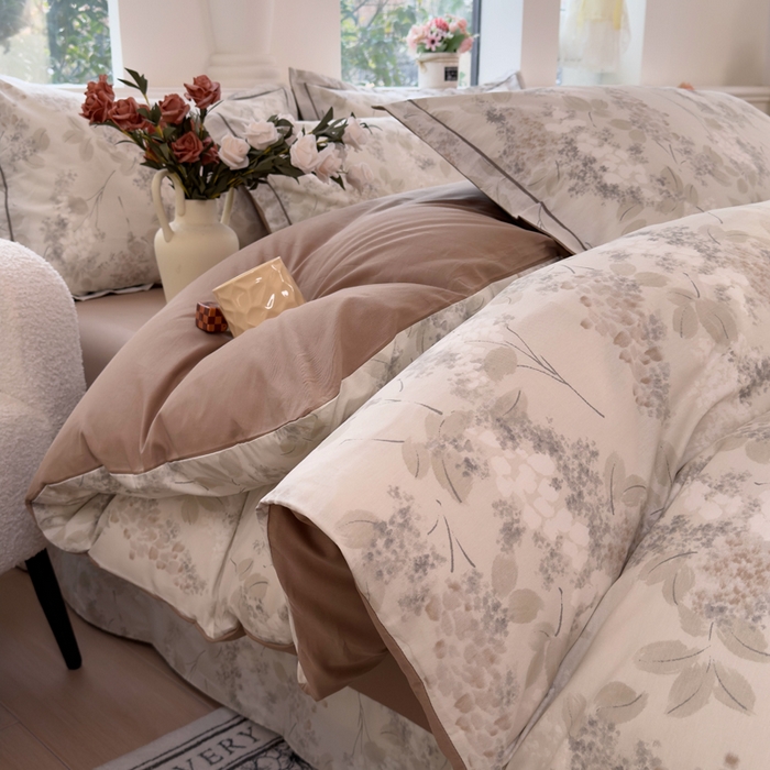 铭博家纺 新款直播爆款网红全棉四件套13070印花吊边一字绣纯棉被套工艺款 秋晚云山