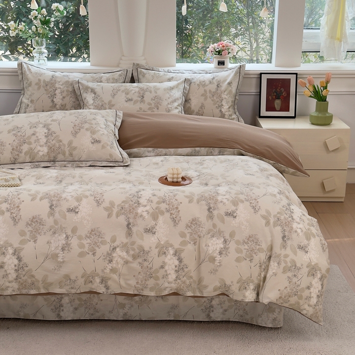 91家纺网 家纺一手货源 找家纺 铭博家纺 新款直播爆款网红全棉四件套13070印花吊边一字绣纯棉被套工艺款 秋晚云山